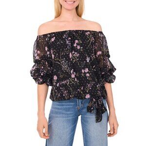 CeCe Floral Off-The-Shoulder Lantern Sleeve Black Top W/ Textured Floral Print &